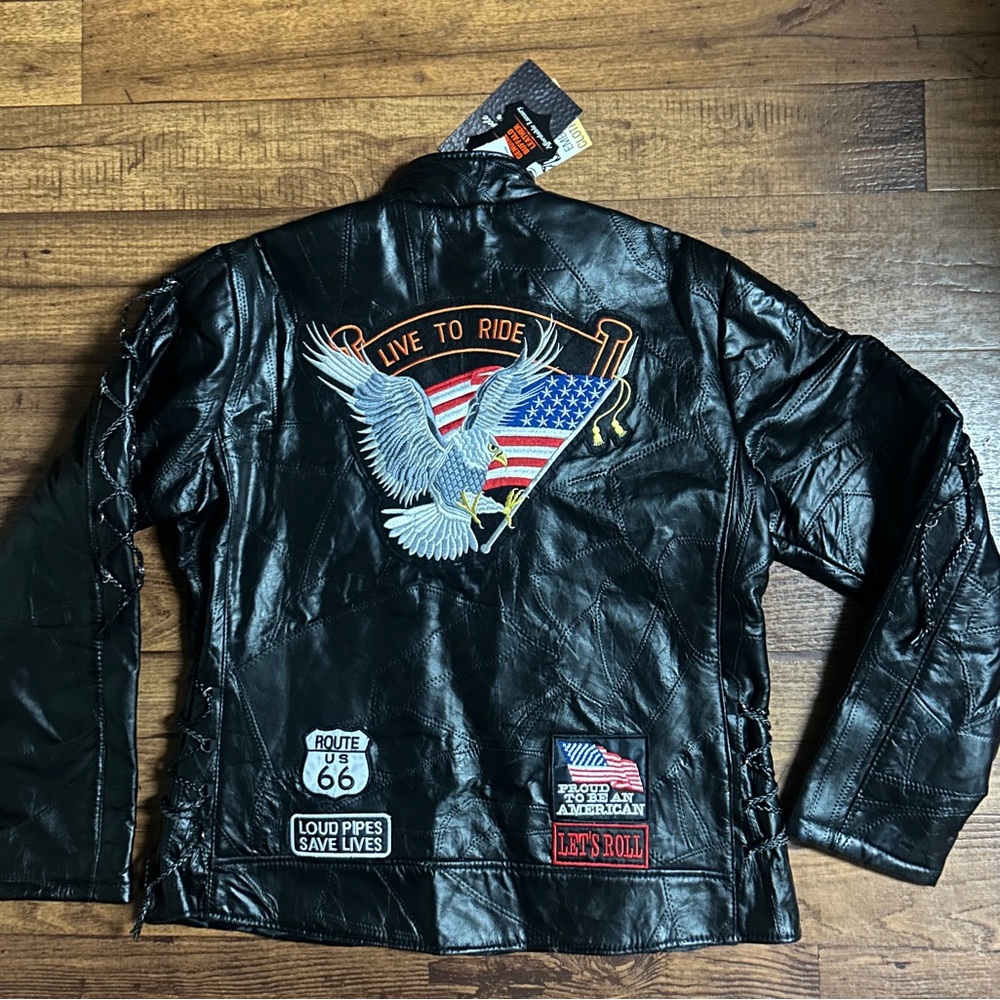 Diamond Plate Men’s Size 3 X-Large Motorcycle  Black Leather Patches Jacket ~New - Picture 3 of 16
